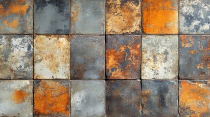 Distressed Ceramic Tile Collage Displaying Varied Textures and Oxidized Tones