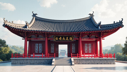 Fototapeta premium Traditional Chinese pavilion against scenic mountains 