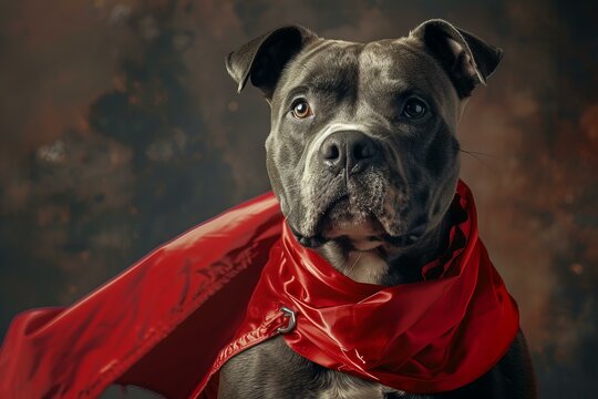 Grey pit bull dog embodying strength and courage, wearing a red superhero cape against a textured backdrop - Powered by Adobe