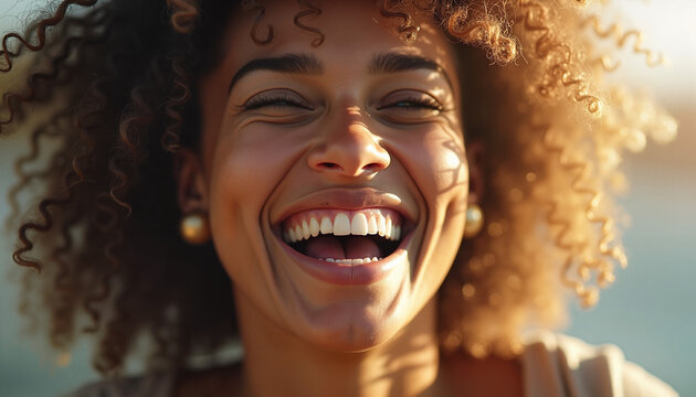 Smiling woman with curly hair enjoying the moment outdoors
