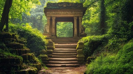Naklejka premium Ancient stone structure with stairs, nestled in a lush green forest.