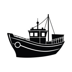 Black and White Silhouette of a Fishing Boat on a White Background