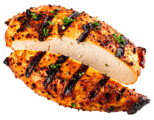 Tandoori Chicken Half Breast Sliced to Show Juicy Interior, Close-Up Cutaway, Transparent Background