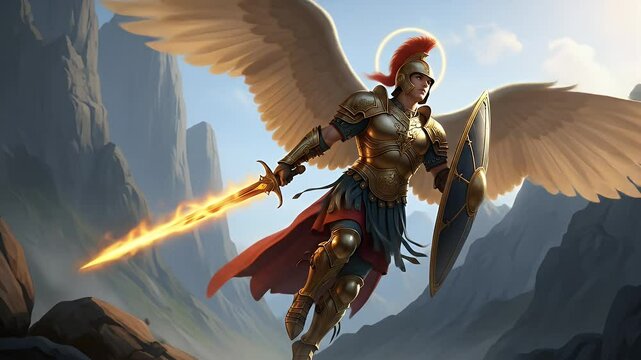 Powerful female warrior angel figure in dynamic pose with armor and wings dramatic mountain background illustration