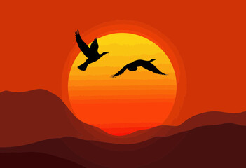Naklejka premium Two birds flying against a vibrant sunset over mountains 