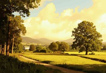 Obraz premium Serene countryside landscape with rolling hills and golden fields 