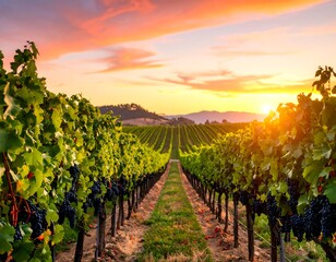 Naklejka premium Vineyard at sunset