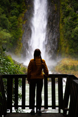 Girl stands on a wooden platform and admires the tall, impressive Thunder Creek Falls in Mount...