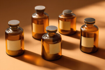 Amber glass bottle vintage apothecary style flat lay arrangement empty label brown background soft shadow minimalist nostalgic mood sunlight reflection clean design