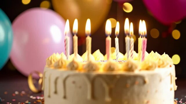 Celebratory birthday cake with creamy frosting, sprinkles, and burning candles surrounded by colorful balloons and golden ribbon.