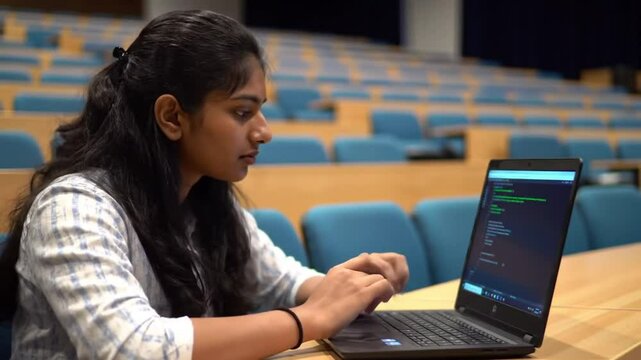 Young programmer coding diligently on laptop in university lecture hall setting
