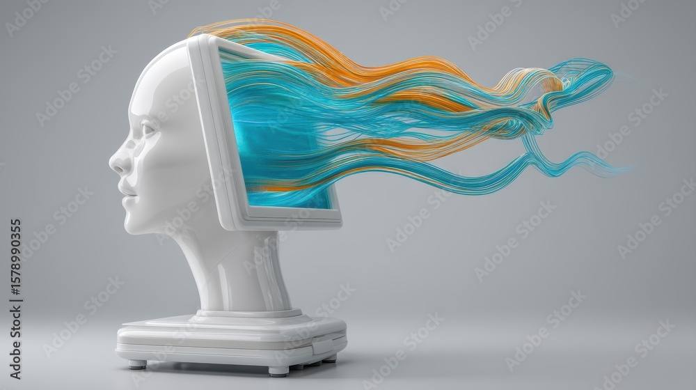 Poster A futuristic concept of a human head merged with a screen, displaying dynamic flowing data streams symbolizing digital connectivity and artificial intelligence, AI computer set