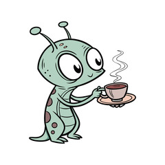 Cute cartoon alien holding a steaming cup of coffee or tea. Funny extraterrestrial character enjoying hot drink. Vector illustration.