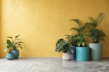 Prompt:

"A minimalist interior scene featuring a clean, mustard yellow wall as the backdrop. In the lower left corner, a tasteful arrangement of modern ceramic plant pots in varying shades.
