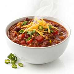 Hearty bowl of steaming chili topped with shredded cheddar cheese and cilantro