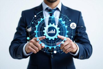 Business Intelligence Analytics Man Points to Digital Data Integration Graph Growth Connection and Technology in Blue