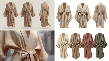 Multiple views of bathrobes in varying neutral hues showcasing texture and design details with fabric folds