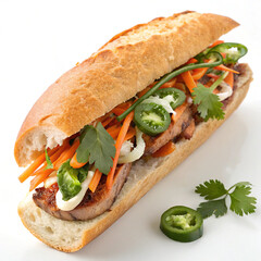 Delicious banh mi sandwich with pork pickled vegetables and jalapenos on a baguette