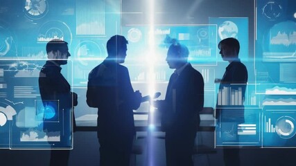silhouette of business professionals collaborate with futuristic technology in a modern office, discussing strategy and data insights for future growth. - Powered by Adobe