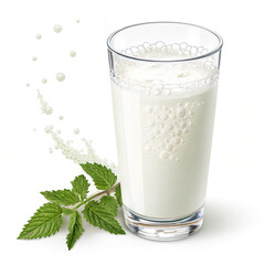 Glass of refreshing milk with mint leaves and bubbles on white background