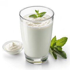 Refreshing glass of ayran drink with mint and yogurt in a small bowl