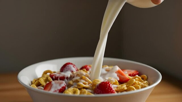 Pouring milk over a colorful bowl of cereal with berries, close-up morning breakfast scene