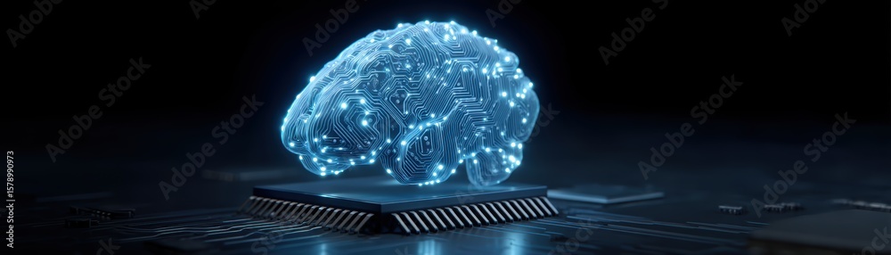 Poster A glowing digital brain composed of circuitry floats above a microchip, symbolizing artificial intelligence and advanced computing technology, AI computer set