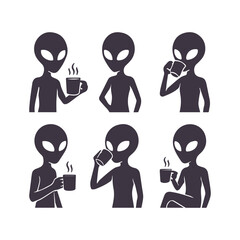 Set of alien silhouettes vector illustration. Collection of extraterrestrial creature icons in various poses. Isolated on white background.