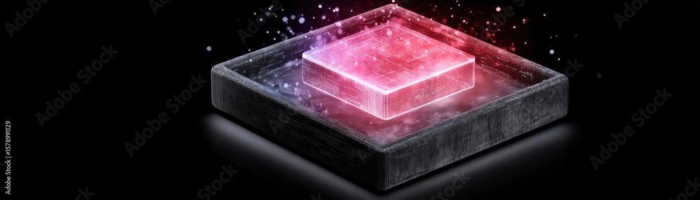 Poster a glowing red microchip with a futuristic digital matrix effect on a dark background, symbolizing ad