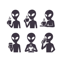 Set of alien silhouettes vector illustration. Collection of extraterrestrial creature icons in various poses. Isolated on white background.