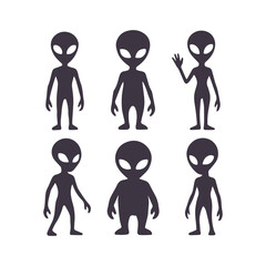 Set of alien silhouettes vector illustration. Collection of extraterrestrial creature icons in various poses. Isolated on white background.