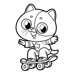 Cute cartoon kitten rides fast on a skateboard outlined for coloring page on white background
