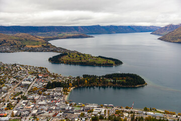 Panoramic views of Skyline Queenstown Gondola, Lake Wakatipu, and surrounding mountains from the...