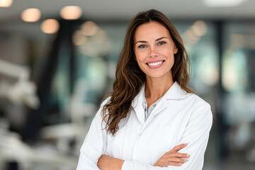 A confident female scientist or doctor smiles with arms crossed, wearing a white lab coat in a modern, blurred laboratory or clinical setting.