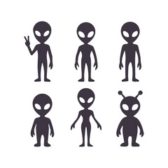 Set of alien silhouettes vector illustration. Collection of extraterrestrial creature icons in various poses. Isolated on white background.