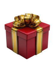 A red gift box with a gold ribbon and bow on a black background in a studio setting
