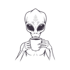 Cute cartoon alien holding a steaming cup of coffee or tea. Funny extraterrestrial character enjoying hot drink. Vector illustration.
