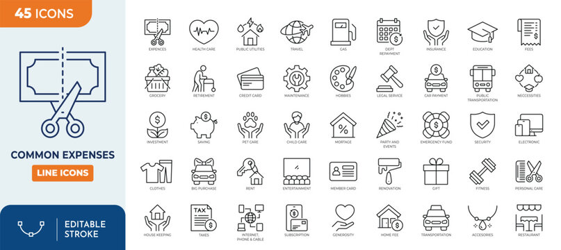 Common Expenses line editable icon set. Containing icons related to common monthly expenses. Editable stroke. Vector illustration