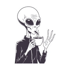 Cute cartoon alien holding a steaming cup of coffee or tea. Funny extraterrestrial character enjoying hot drink. Vector illustration.