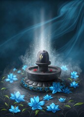 Shivlingam with trishul and blue lotus on a smoky divine background.