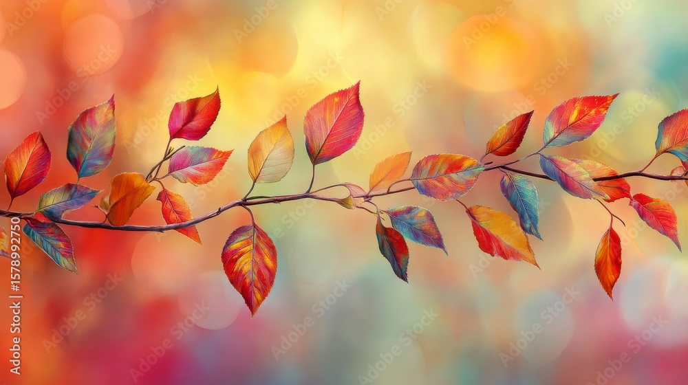 Canvas Prints vibrant autumn branch with colorful leaves against a bokeh background.