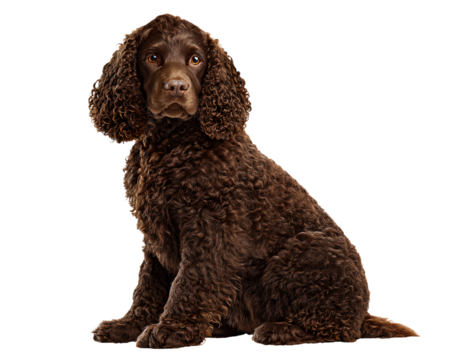American Water Spaniel Sitting Upright with Dense Curly Coat, Front View, Isolated on Transparent Background