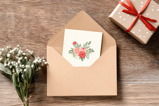 A beige envelope with a floral card inside, accompanied by a small bouquet of white flowers and a gift box wrapped with red ribbon on a wooden surface.