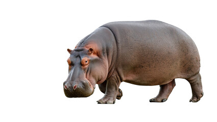 A large hippopotamus walks forward with its head turned towards the camera