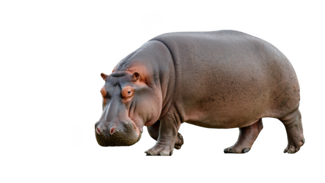 A large hippopotamus walks forward with its head turned towards the camera