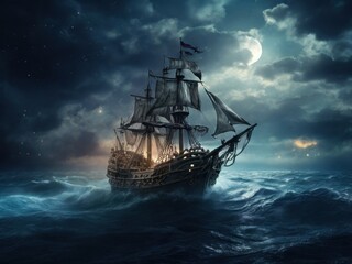 Fototapeta premium Dark ship on stormy night sea