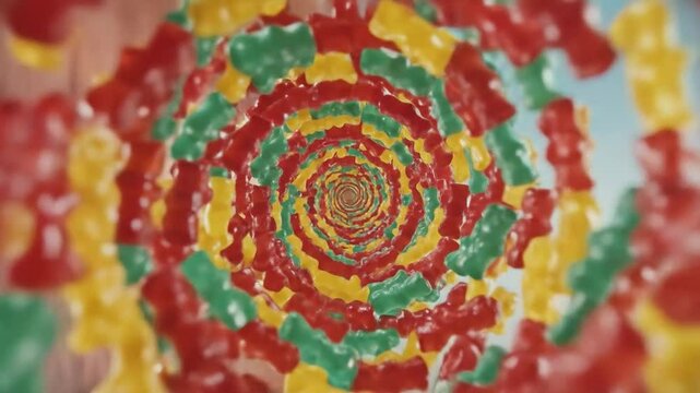 Vibrant spiral of colorful gummy candies spinning in a kaleidoscope-like motion