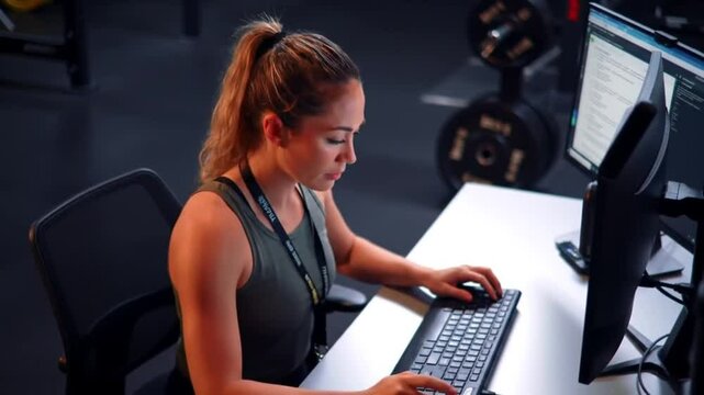 Young woman works at the computer in a gym environment promoting balance