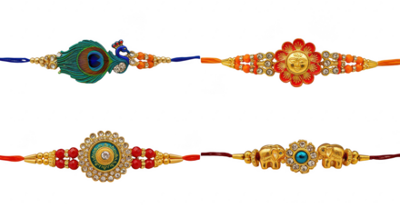 Festive Rakhi Bracelets: Intricately designed Rakhi bracelets, symbolizing love and protection, with vibrant patterns and decorative elements, ready to celebrate the festival of Raksha Bandhan.