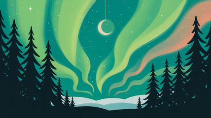 Fototapeta premium Ethereal vector northern lights scene, with silhouette of trees, glowing sky in green and pink waves, and a peaceful moon above.